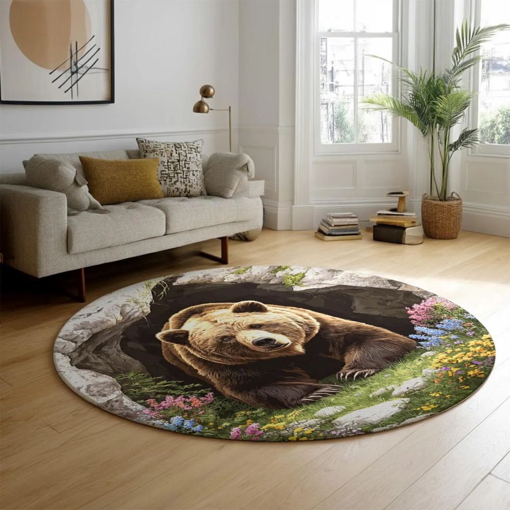 Spring Floral Bear Cave - 3D Illusion Round Rug - H641
