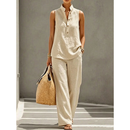 Women's Stand Collar Sleeveless Top & High-Waist Wide-Leg Pants Set