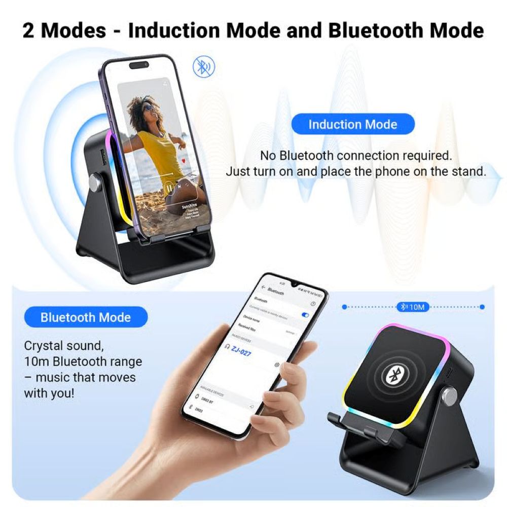 5-in-1 Wireless Induction Bluetooth Speaker with Adjustable Phone Stand