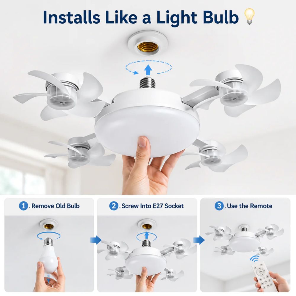 E27 Screw-In Ceiling Fan Light – 19.69" LED Cooling Fan with Remote for Hot Rooms