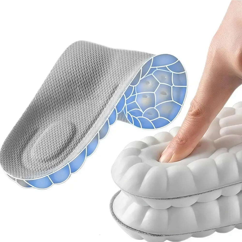 Foot pillow with a hand pressing down on it, showing its cushioned design.