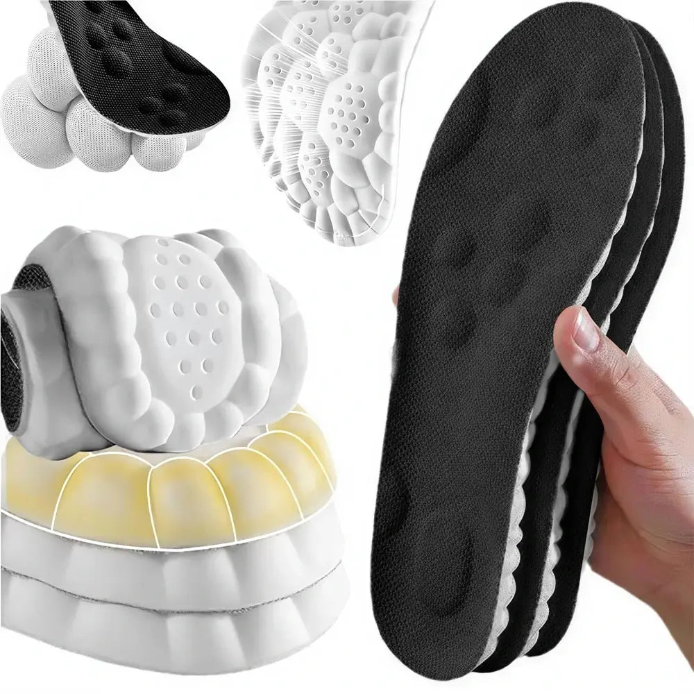 Close-up of a shoe insole with a hand holding it, showing its design and layers.