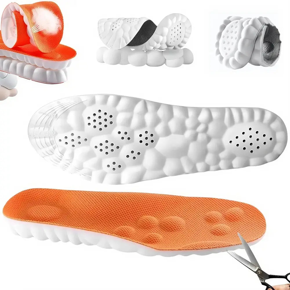 White and orange shoe insoles shown on a white background, with close-up views of the textured footbed, ventilation holes, and a pair of scissors cutting the orange top layer.
