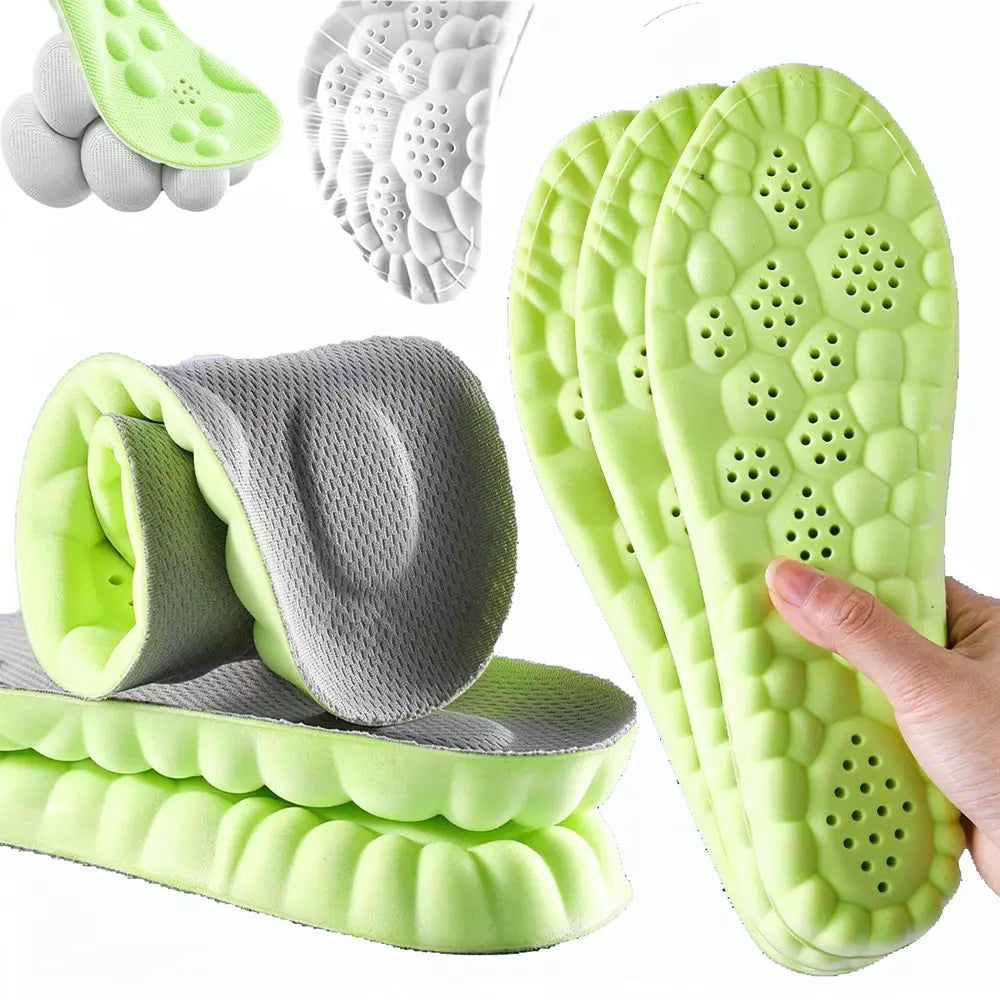 A hand holds a pair of bright lime green orthopedic shoe insoles with a honeycomb texture, while other insoles and close-up views of the cushioned gray and green underside are shown on a white background.