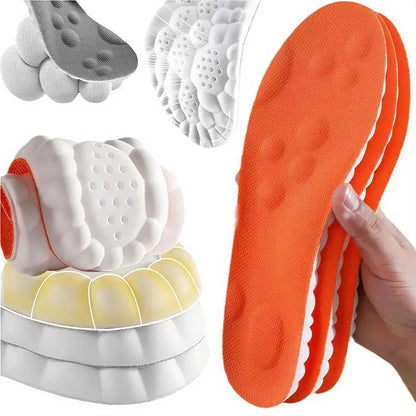 A hand holds a stack of bright orange orthopedic shoe insoles with white edges, shown alongside close-up views of the textured sole and a white cushioned insert, on a plain white background.