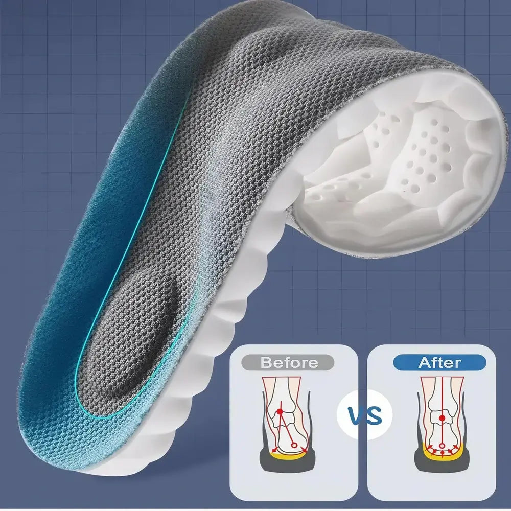 Shoe insert with before and after illustrations on a blue grid background