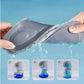 A pair of gray textured shoe insoles being pulled apart by hands to demonstrate breathability, with water dripping from the center. Three inset diagrams at the bottom show the insoles placed in clear cups containing blue liquid, illustrating water drainage.