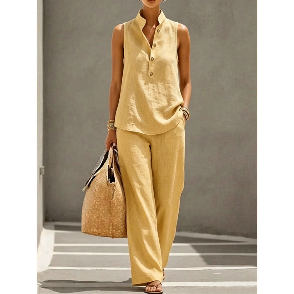 Women's Stand Collar Sleeveless Top & High-Waist Wide-Leg Pants Set