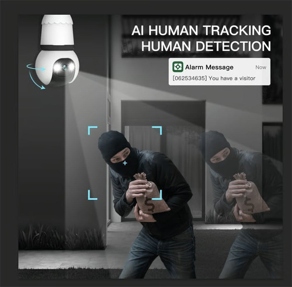 2MP Light Bulb Security Camera 2.4GHz Wireless Outdoor Indoor Camera with Night Vision