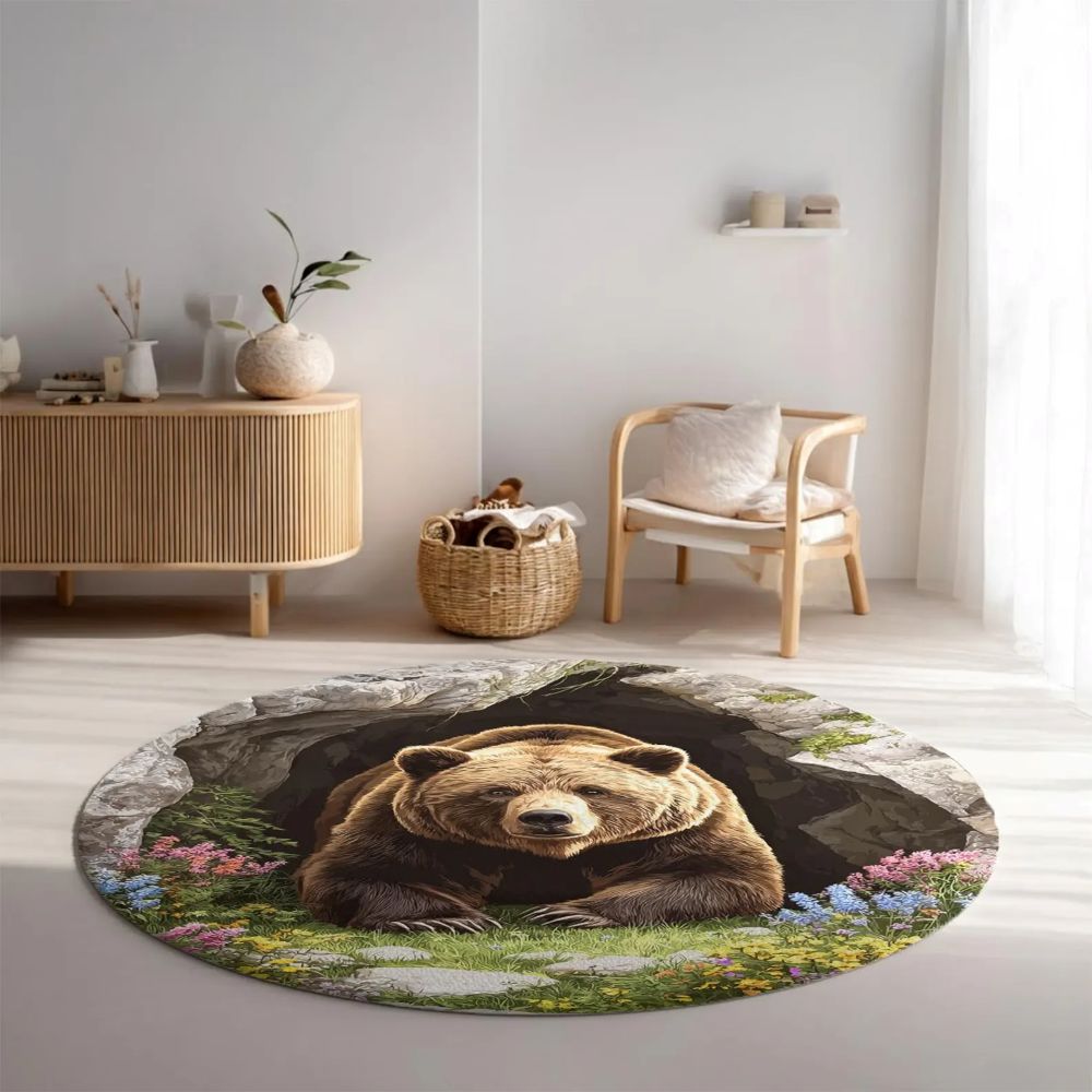 Spring Floral Bear Cave - 3D Illusion Round Rug - H641