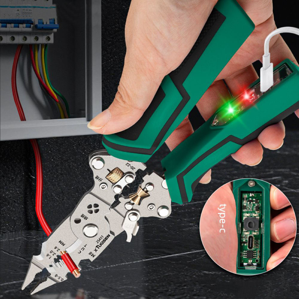 16 in 1 Wire Stripper Twister for Cutting and Pulling Wires,Cable Scissors,Voltage Tester Pliers, 12V to 250V Live,Null,Hot Wire Judgment AC DC, Audible and Flashing LED Alarms
