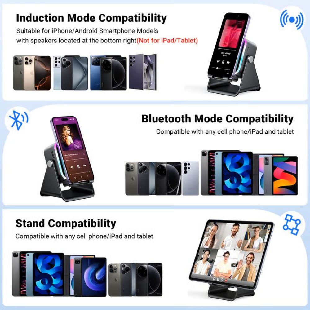 5-in-1 Wireless Induction Bluetooth Speaker with Adjustable Phone Stand