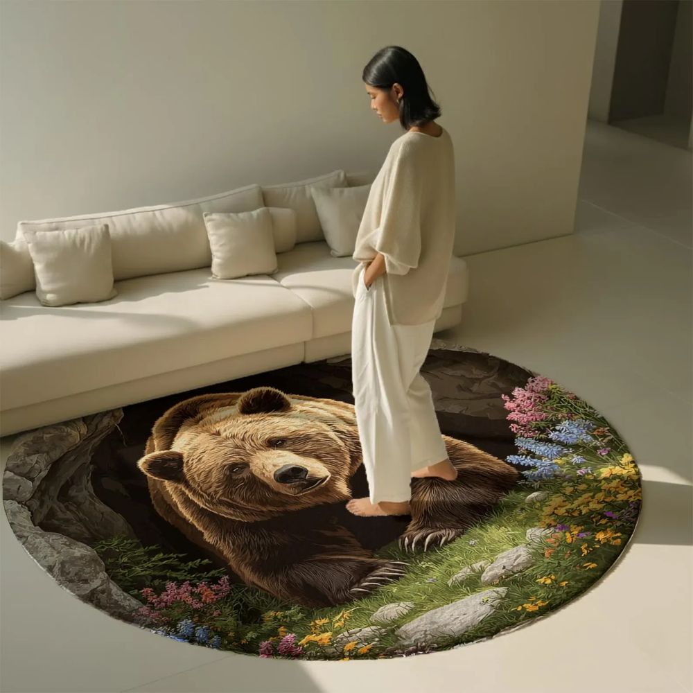 Spring Floral Bear Cave - 3D Illusion Round Rug - H641
