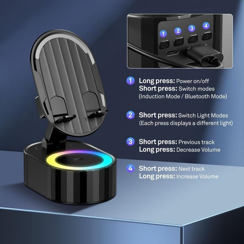 2025 Upgraded Cell Phone Stand with Induction Speaker/Power Bank/Atmosphere Light