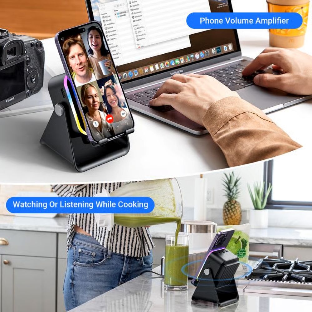5-in-1 Wireless Induction Bluetooth Speaker with Adjustable Phone Stand
