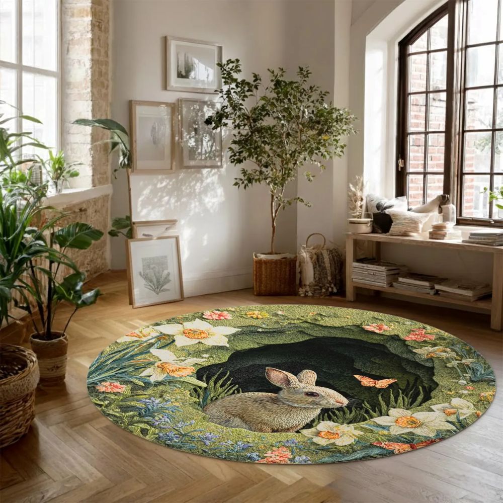 Spring Flower Bunny  - 3D Illusion Round Rug - H639