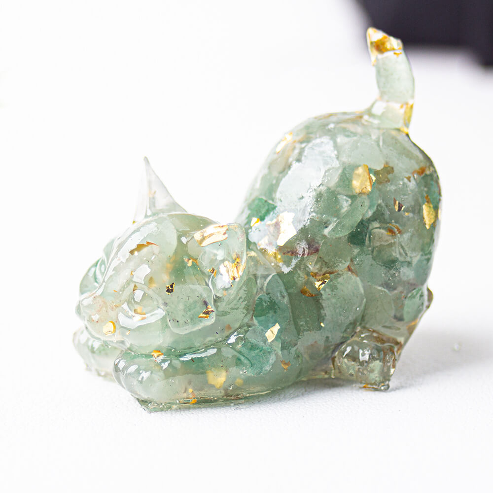 Handmade Natural Crystal Gemstone Cat with Raised Tail - Aventurine Quartz