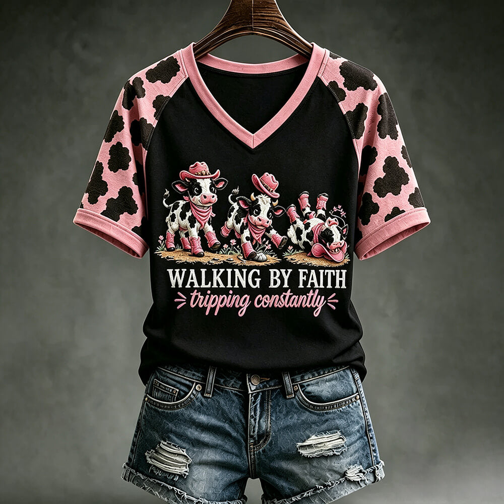 Walking By Faith T-Shirt - Funny Cow Graphic V-neck Tee
