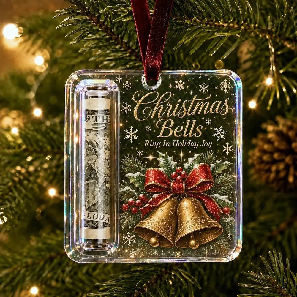 A Christmas ornament hanging on a tree branch, featuring a clear square case with a rolled dollar bill bell and gold bells printed on the front, with the text 'Christmas Bells Ring In Holiday Joy' and a red ribbon bow with red berries. The background shows blurred Christmas lights and pine needles.