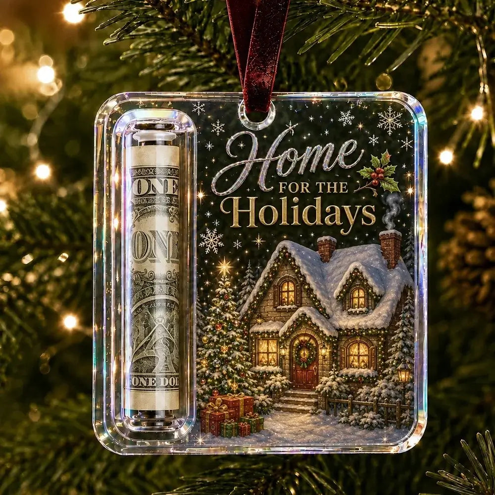 A clear acrylic Christmas ornament hanging on a decorated Christmas tree. The ornament contains a rolled dollar bill in a clear tube and features a printed holiday scene with the text 'Home for the Holidays' and a snowy house with warm lights.