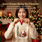 A woman in a cream sweater holds up a personalized Christmas ornament featuring a cartoon Santa, a rolled dollar bill, and the text 'Santa Brought You A Few Books - Christmas'. The background shows a cozy, blurred Christmas tree and fireplace with warm lights.