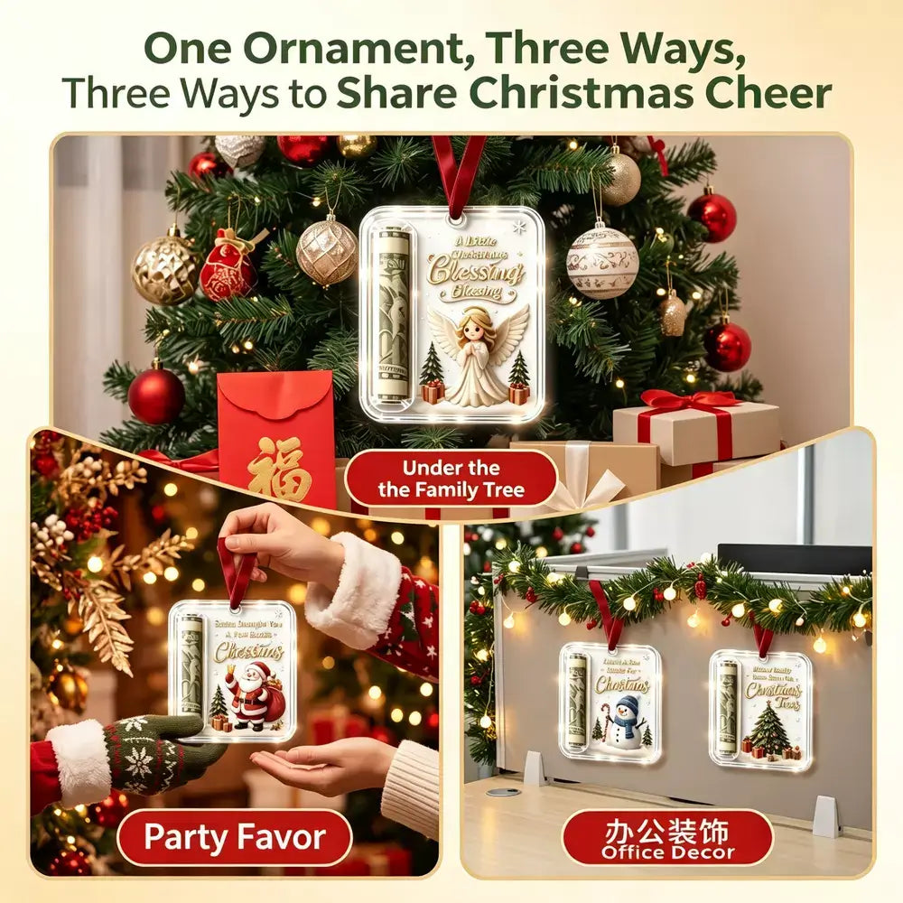 Promotional collage showing a Christmas-themed money tree ornament in three use cases: hanging under a family tree, used as a party favor, and displayed on an office desk with holiday garland. The main product is a rectangular metal ornament package with a red ribbon, featuring festive holiday illustrations and text including 'Christmas Blessings' and 'One Year at a Time.