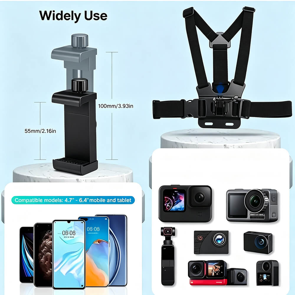 Action Camera Strap & Phone Clip Mounting Kit – Adjustable Backpack Clip Holder for GoPro & Smartphones