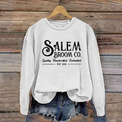 Women's Salem Broom Co Quality Handcrafted Enchanted Est 1692 Printed Round Neck Long Sleeve Sweatshirt