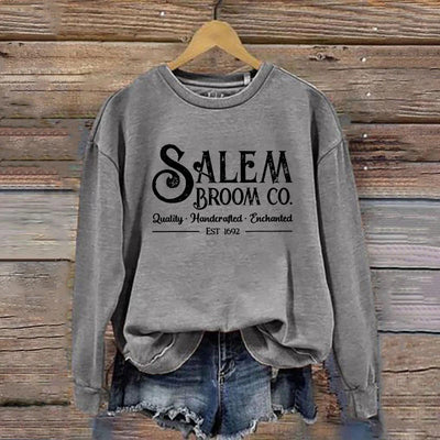 Women's Salem Broom Co Quality Handcrafted Enchanted Est 1692 Printed Round Neck Long Sleeve Sweatshirt