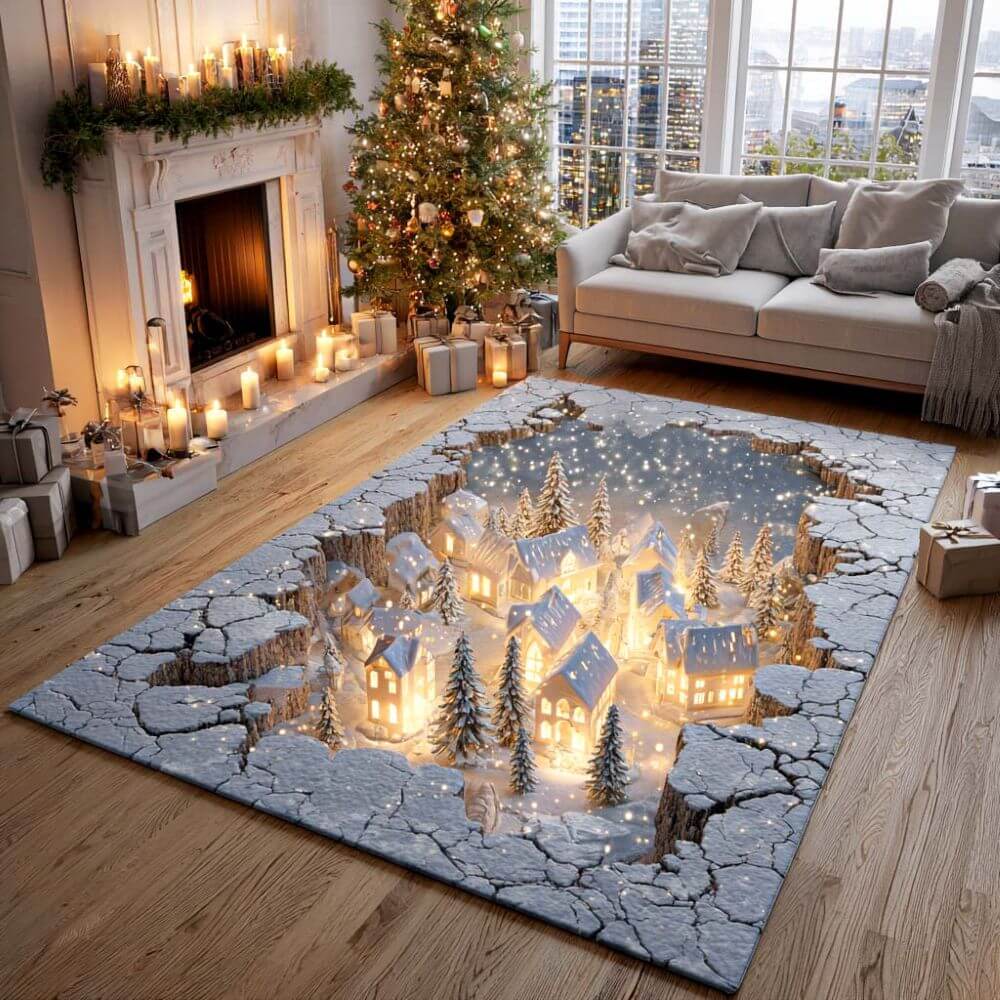 Glowing Snowy Village 3D Illusion Area Rug - H733