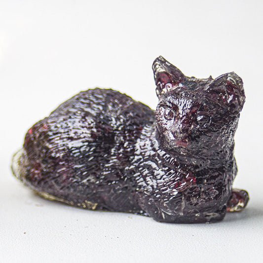 Handmade Natural Crystal Gemstone Lying Cat - Garnet