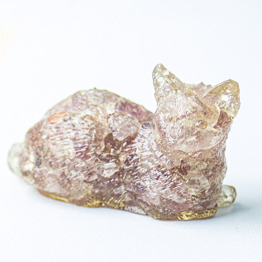 Handmade Natural Crystal Gemstone Lying Cat - Strawberry Quartz