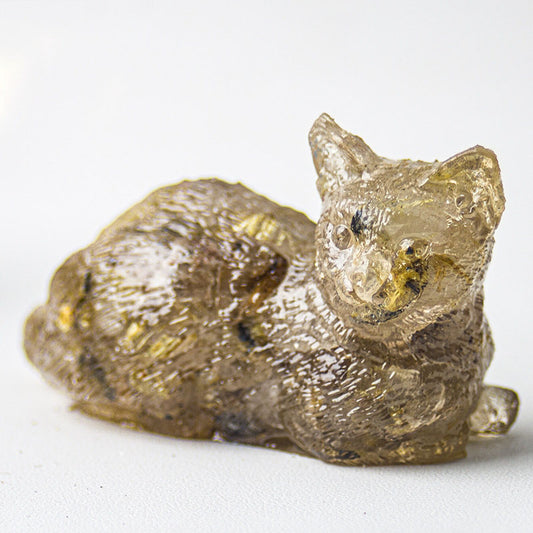 Handmade Natural Crystal Gemstone Lying Cat - Rutilated Quartz