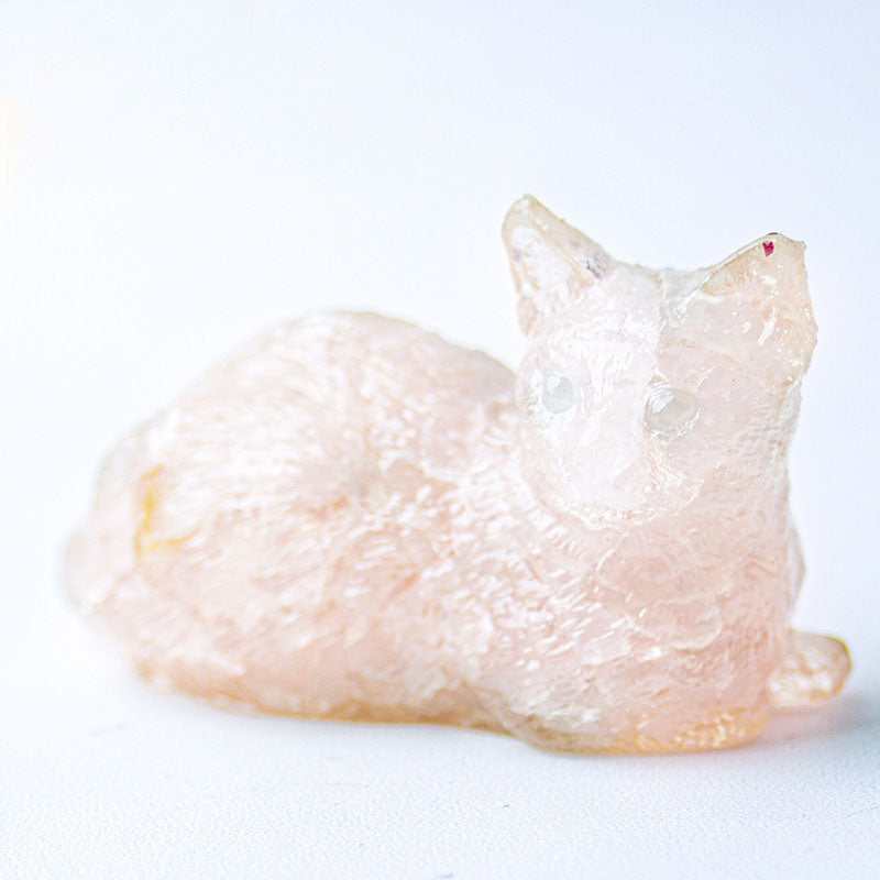 Handmade Natural Crystal Gemstone Lying Cat - Rose Quartz