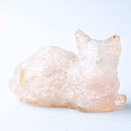 Handmade Natural Crystal Gemstone Lying Cat - Rose Quartz