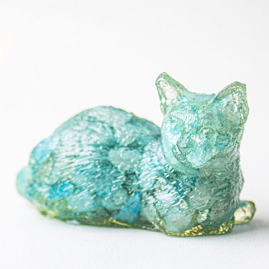 Handmade Natural Crystal Gemstone Lying Cat - Aquamarine