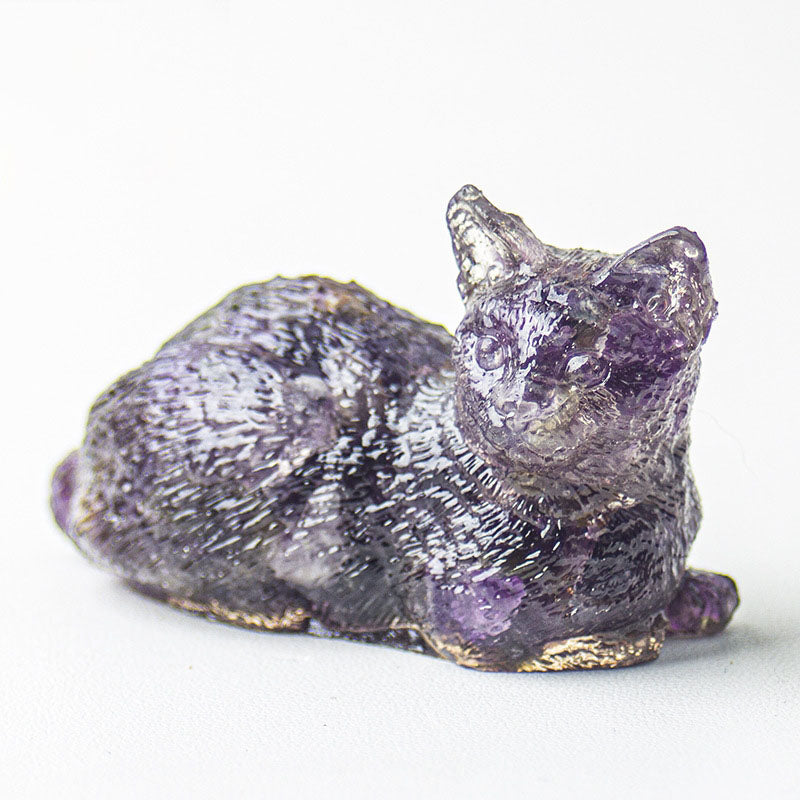 Handmade Natural Crystal Gemstone Lying Cat - Amethyst