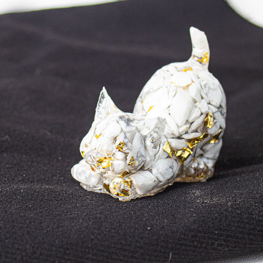 Handmade Natural Crystal Gemstone Cat with Raised Tail - Howlite
