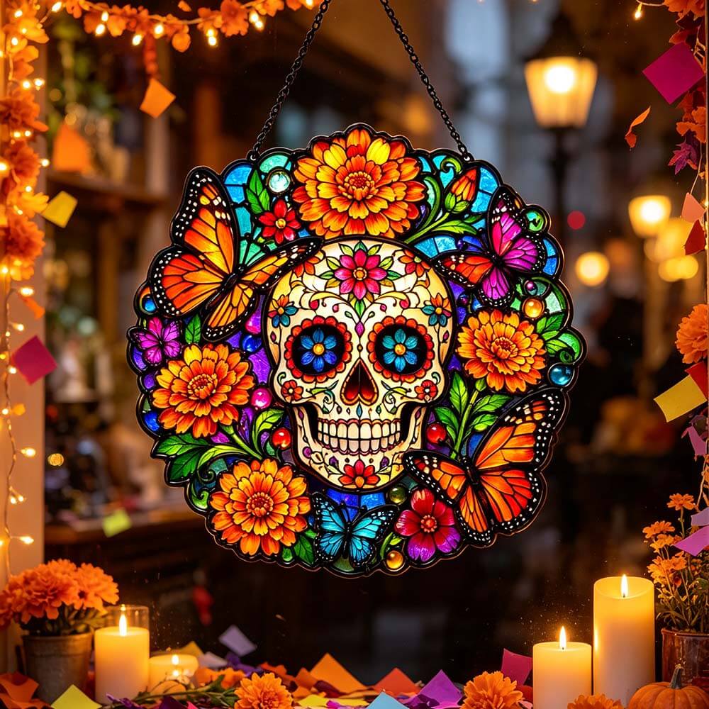 Sugar Skull Marigold Butterfly - Acrylic Suncatcher