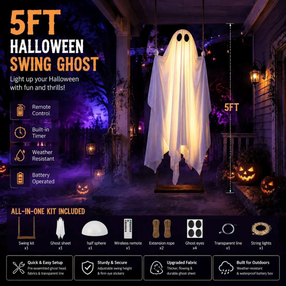 LED Light-Up Swinging Ghost Halloween Decoration