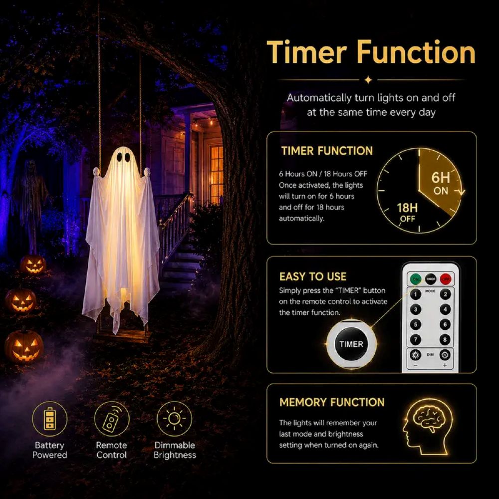 LED Light-Up Swinging Ghost Halloween Decoration