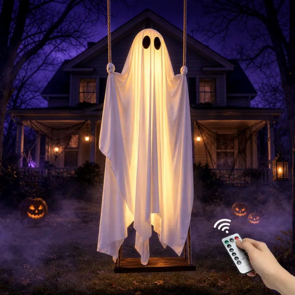 LED Light-Up Swinging Ghost Halloween Decoration