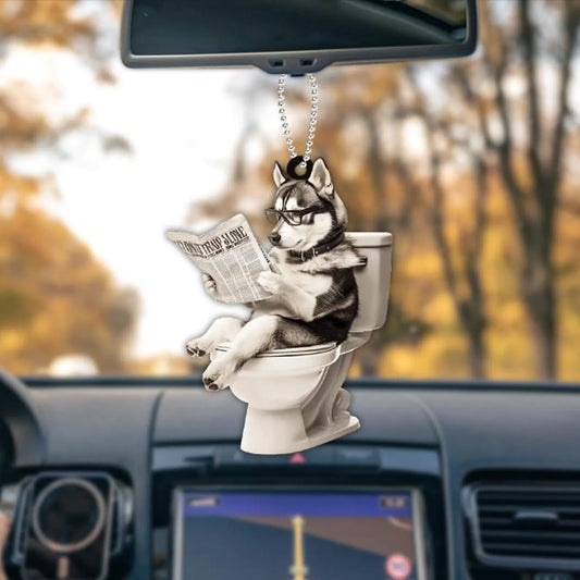 Siberian Husky - Dog Sitting On Toilet Ornament  OT002