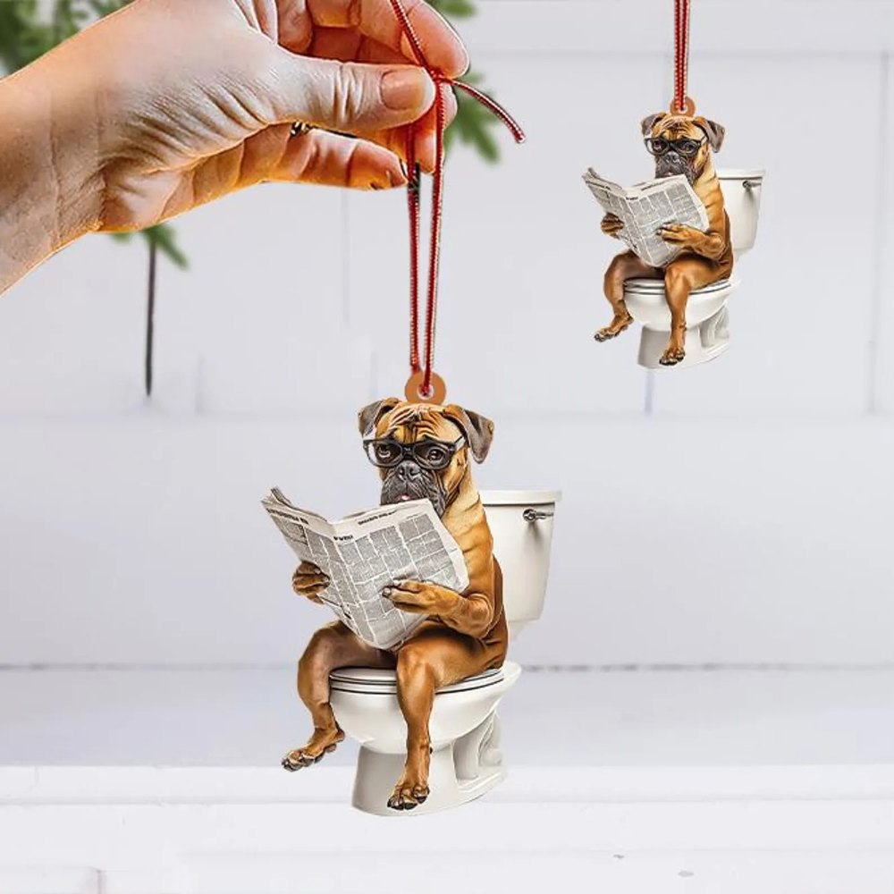 Boxer - Dog Sitting On Toilet Ornament  OT013