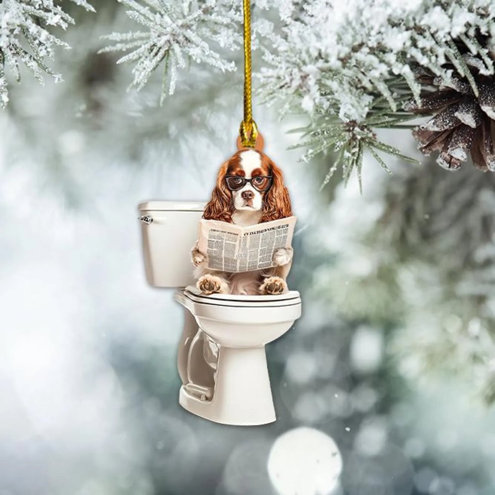 Cavalier King Charles Spaniel - Dog Sitting On Toilet Ornament  OT017