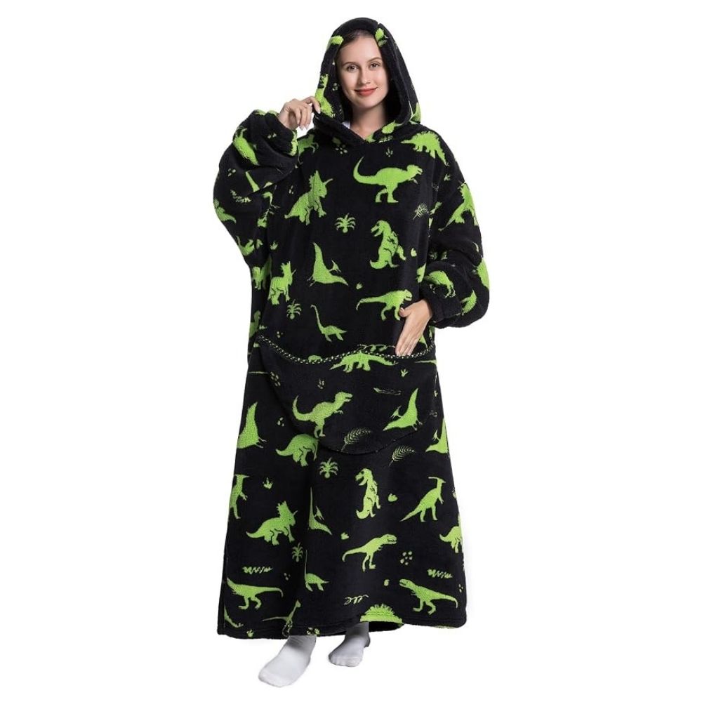 Oversized Wearable Hoodie Blanket – Black Green Dinosaur