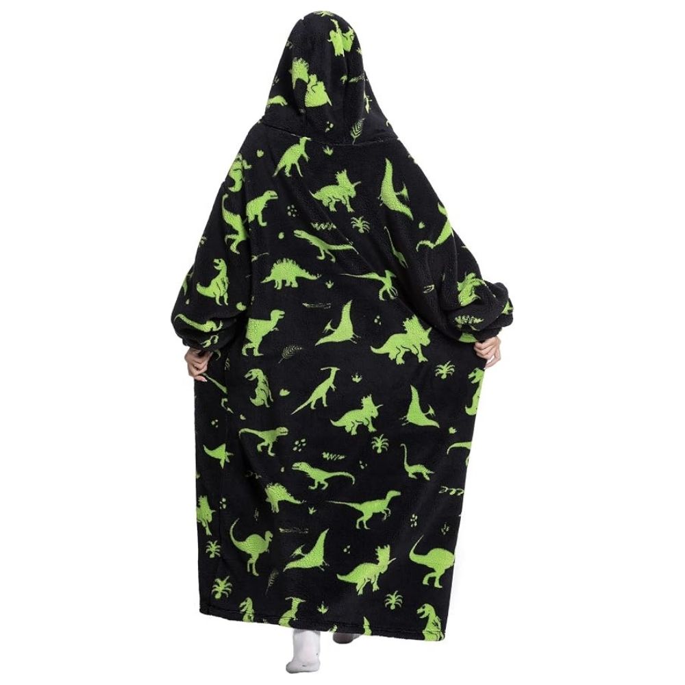 Oversized Wearable Hoodie Blanket – Black Green Dinosaur