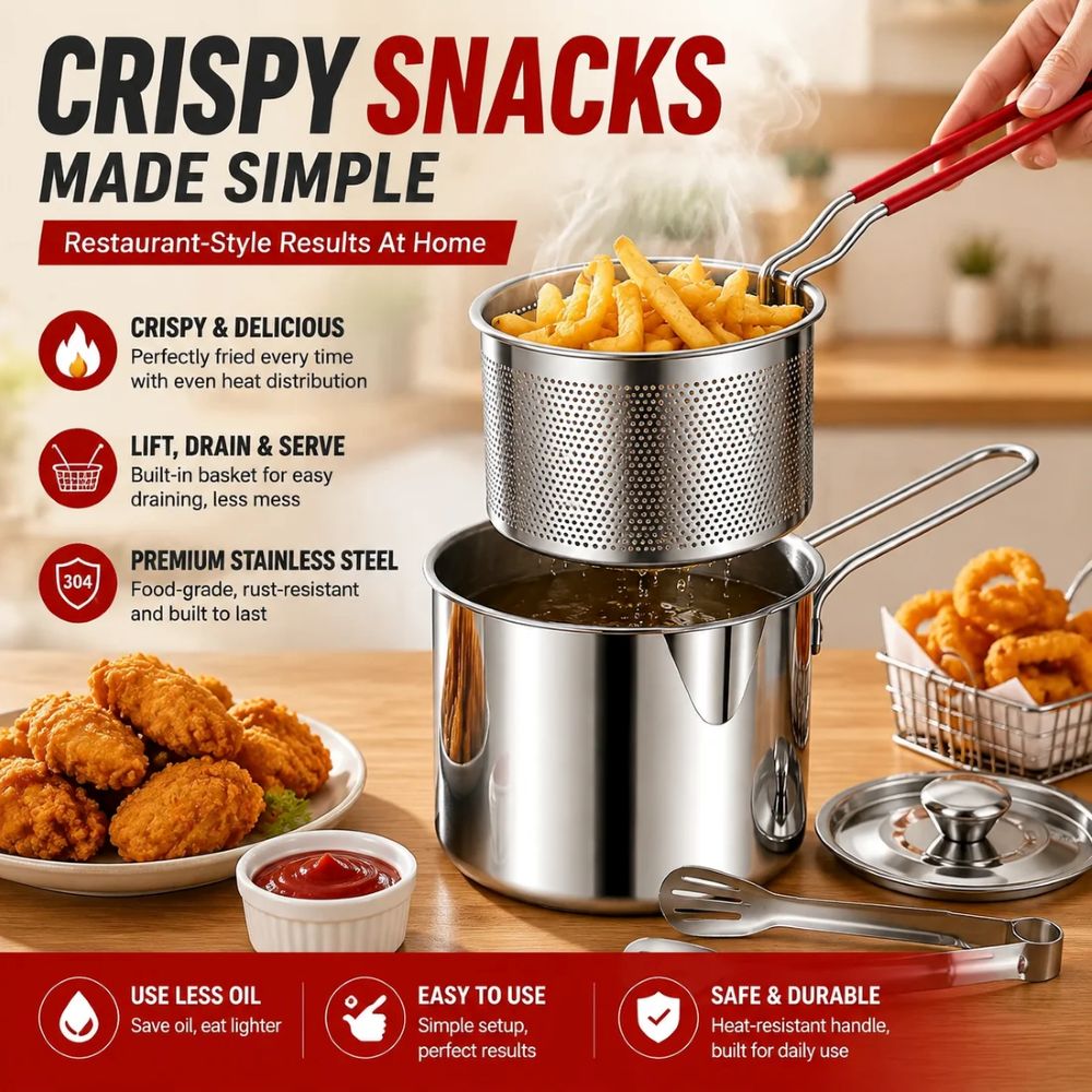 Personal Mini Deep Fryer Set – Stainless Steel Pot with Lift-Out Draining Basket & Food Tongs