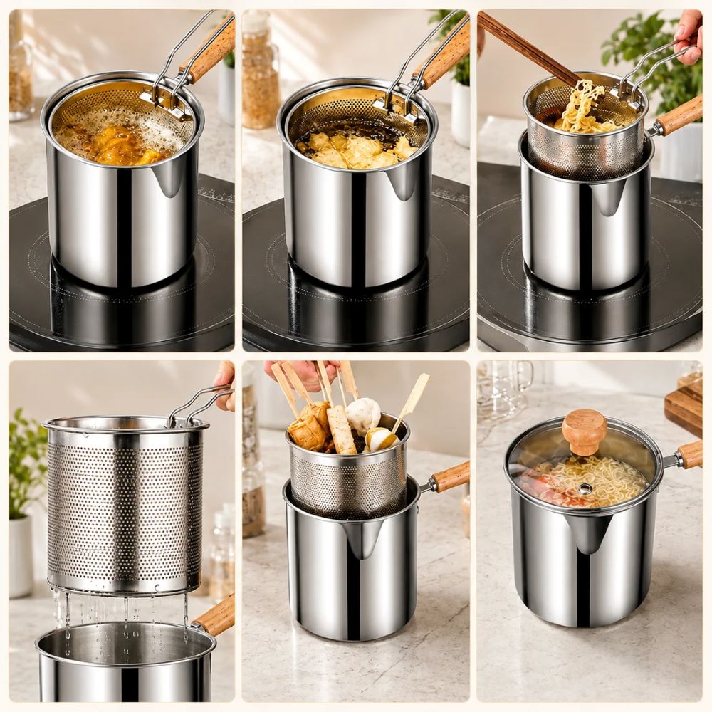 Personal Mini Deep Fryer Set – Stainless Steel Pot with Lift-Out Draining Basket & Food Tongs