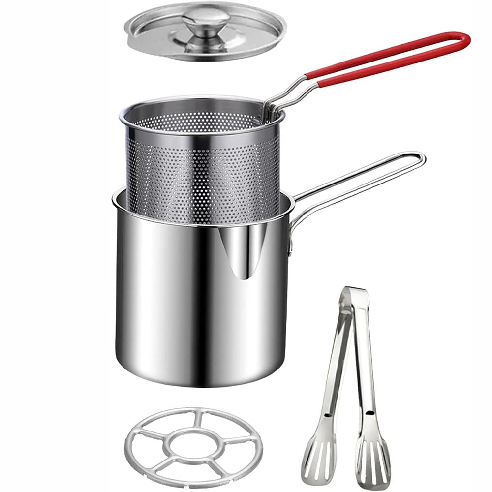 Personal Mini Deep Fryer Set – Stainless Steel Pot with Lift-Out Draining Basket & Food Tongs